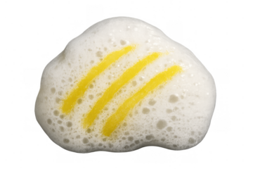 Soap lather with three yellow stripes on transparent background illustrating cleaning efficacy and foam texture