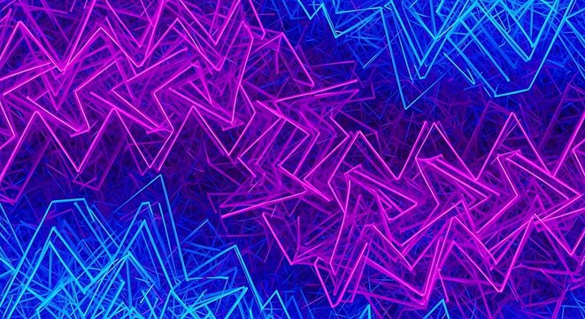 A vibrant abstract background featuring a mesmerizing pattern of interlocking neon pink and electric blue geometric shapes against a dark background.