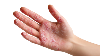 PNG of Close-up of a delicate hand showing signs of dry skin and irritation, emphasizing skin textures and natural imperfections.