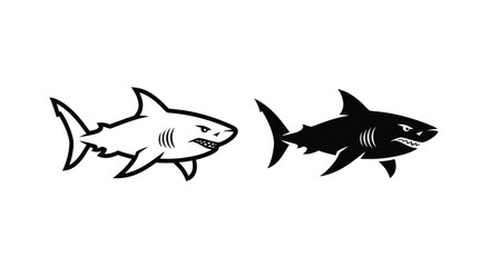 Obraz premium Two shark illustrations, one in outline and one in solid black.