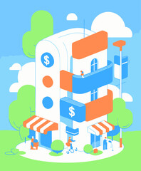 Modern Isometric Financial Building Illustration with People and Shops in Urban Environment
