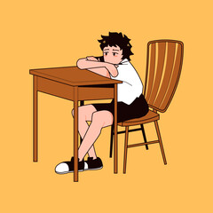Bored or tired student resting head on desk, feeling unmotivated in a classroom. Flat vector illustration.
