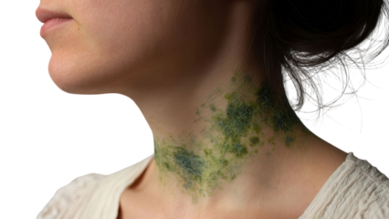 PNG of Close-up of a woman's neck featuring a unique artistic expression with green textures, creating an abstract and intriguing visual.