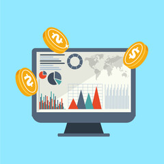 Financial Data Analysis and Investment Growth on Monitor with Charts, Graphs, and Floating Coins