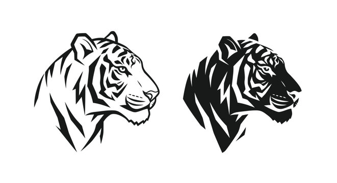 Two stylized tiger head illustrations, one in black and white, showcasing detailed stripes and facial features.