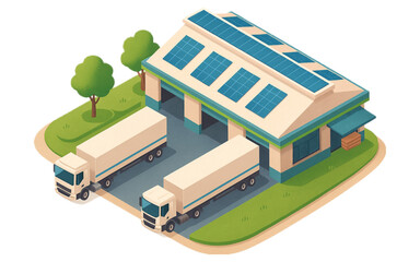 Isometric Green Warehouse with Solar Panels and Delivery Trucks for Eco-Friendly Logistics