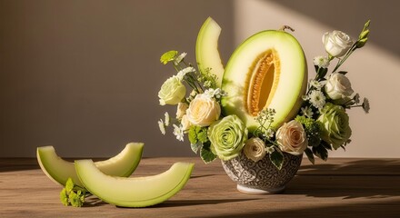 Elegant Composition of Melon and Flowers: A Fresh Fusion of Nature's Beauty