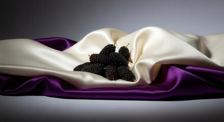 Elegant Composition Of Mulberries Nestled On Luxurious Silk Fabric With Dramatic Lighting