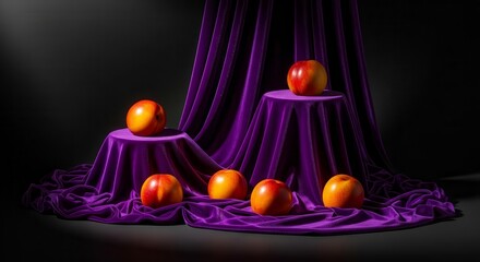 Elegant Composition of Nectarines on a Purple Velour Stage with Dramatic Lighting