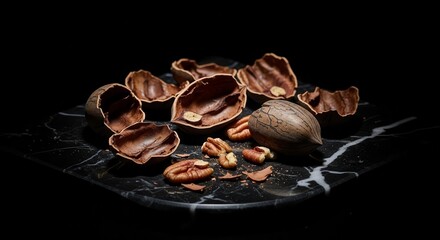 Elegant Composition Of Pecan Nuts On Dark Marble Surface Isolated