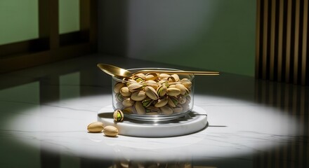 Elegant Composition Of Pistachios In Glass Bowl And Golden Spoon Resting On Marble