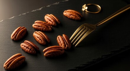 Elegant Composition Of Pecan Nuts, Gold Fork, And Ring On A Black Surface For Food Photography