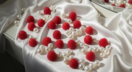Elegant Composition of Raspberries and Pearls Resting on a Luxurious Silk Surface