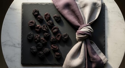 Elegant Composition Of Prunes On A Slate Board With A Beautifully Styled Napkin