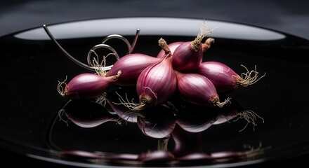 Elegant Composition of Red Shallots on a Black Surface with Mirror Reflection