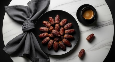 Elegant Date Display With Coffee Cup and Napkin Arranged on a White Marble Surface