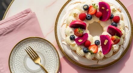 Elegant Dessert Arrangement With Fresh Berries And Exotic Fruit On Decorative White Plate