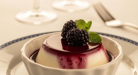 Elegant Dessert of Panna Cotta with Blackberry and Mint on a Decorative Plate