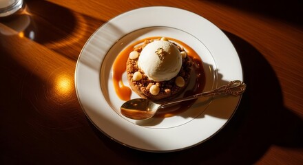 Elegant Dessert Presentation Featuring Ice Cream, Caramel, and Biscuit Crumble in Fine Dining
