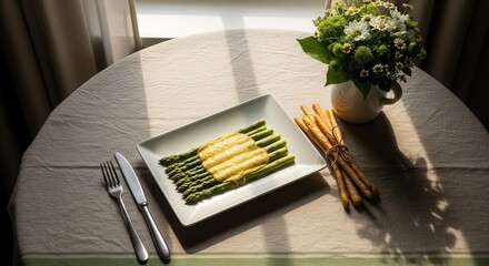 Elegant Dining Scene: Asparagus Dish With Fresh Flowers and Breadsticks Arrangement