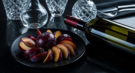 Elegant Dining Scene Featuring Wine, Plums, and Crystalware on Reflective Surface