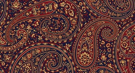 Close-up view of a paisley pattern in shades of red, gold, and dark blue.