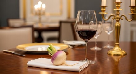 Elegant Dining Scene: Red Wine, Turnip, Candlestick, and Table Setting Details