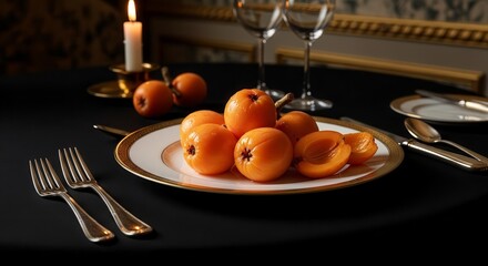 Elegant Dinner Setting Featuring Fruits, Candlelight, and Sophisticated Tableware