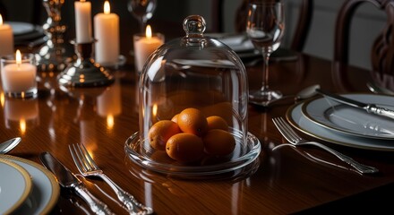 Elegant Dining Table Scene: A Feast for the Eyes, Featuring Oranges and Candles