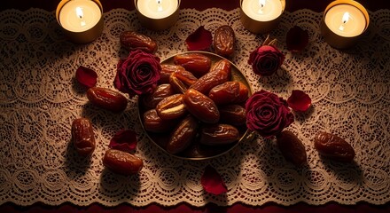 Elegant Feast: Dates, Roses,And Candles Create A Warm And Inviting Atmosphere
