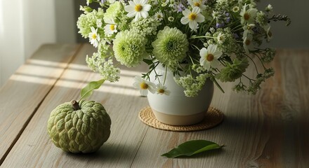 Elegant Floral Bouquet And Healthy Fruit On Wooden Table Beautifully Lit