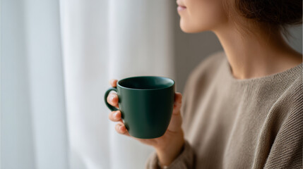 Close-up of a woman holding a dark green ceramic mug near a window with soft natural light and wearing a beige knitted sweater indoors