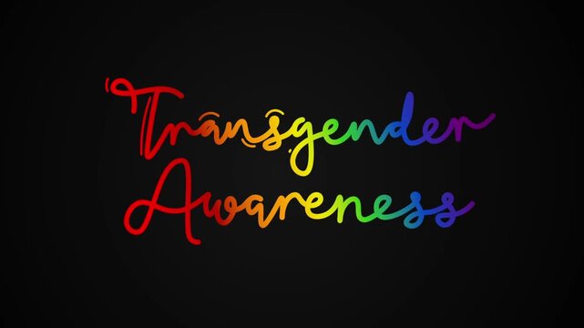 Transgender Awareness One line continuous animated typography intro outro, hand drawn calligraphy monoline vintage text on background, aniamted Calligraphy lettering animation video rainbow type on bl