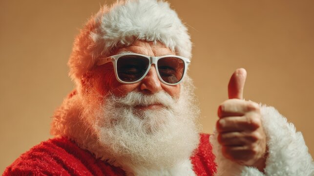 santa claus with sunglasses and a thumbsup gesture  a cheerful lightskinned man likely in his senior