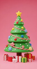 Fototapeta premium Festive Christmas Tree with Gifts and Candy Canes.