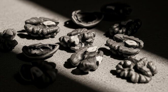 Dramatic Walnut Display: A Monochrome Study of Texture, Light, And Nutty Delights