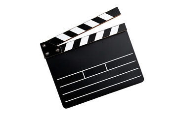 A black and white movie clapperboard, angled, against a black background.  The clapperboard has stripes and sections
