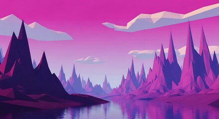 A low-poly digital art landscape with jagged purple mountains and a reflective river under a pink sky.