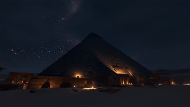 Mysterious ancient pyramid structure illuminated at night under a clear, star-filled sky, evoking history and exploration.