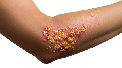 PNG of Close-up of a skin condition on a light skin tone arm, showing redness and scaly, yellow crusts.