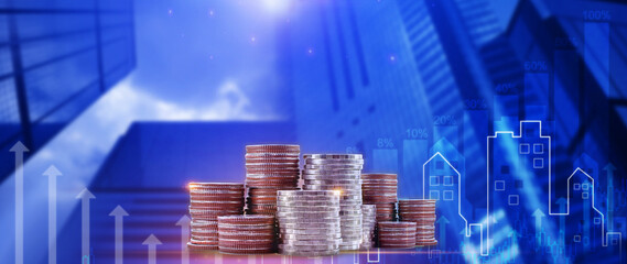 Stack of coins background business concept. Interest Investment ideas, returns, financial returns,savings, investment businesses.