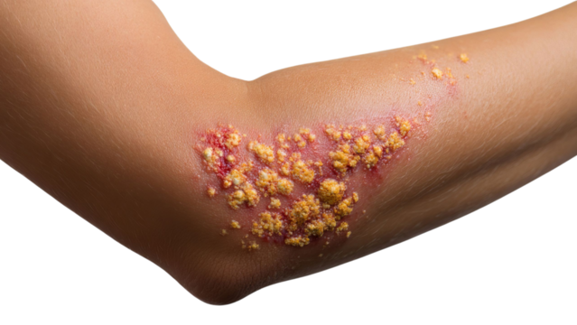 PNG of Close-up of a skin condition on a light skin tone arm, showing redness and scaly, yellow crusts.