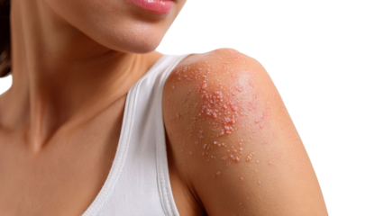 PNG of Close-up of a young woman with sensitive skin showing signs of irritation on her shoulder.
