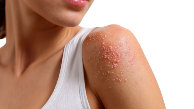 PNG of Close-up of a young woman with sensitive skin showing signs of irritation on her shoulder.