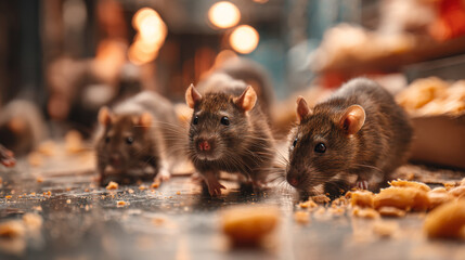 Three brown rats foraging for food on a surface covered with crumbs and food pieces close up