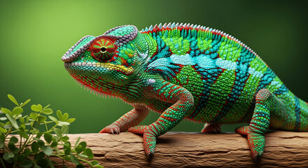 Naklejka premium Vibrant Chameleon with Green and Blue Scales on a Branch with Greenery reptile lizard