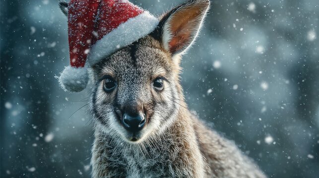 wallaby wearing santa hat in snowy yard small marsupial winter holiday portrait