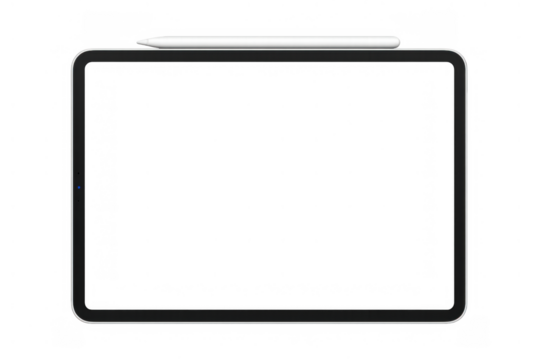 Modern tablet with a digital pen on its top bezel, displaying a blank transparent screen for custom content - Powered by Adobe