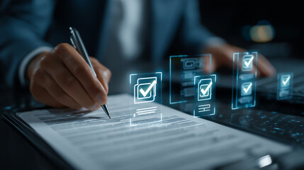 Person signing document with holographic checkmarks indicating approval and compliance online