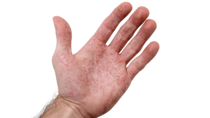 PNG of A close-up of a Caucasian male hand showing rough skin texture and red spots, capturing wear and tear from manual labor.
